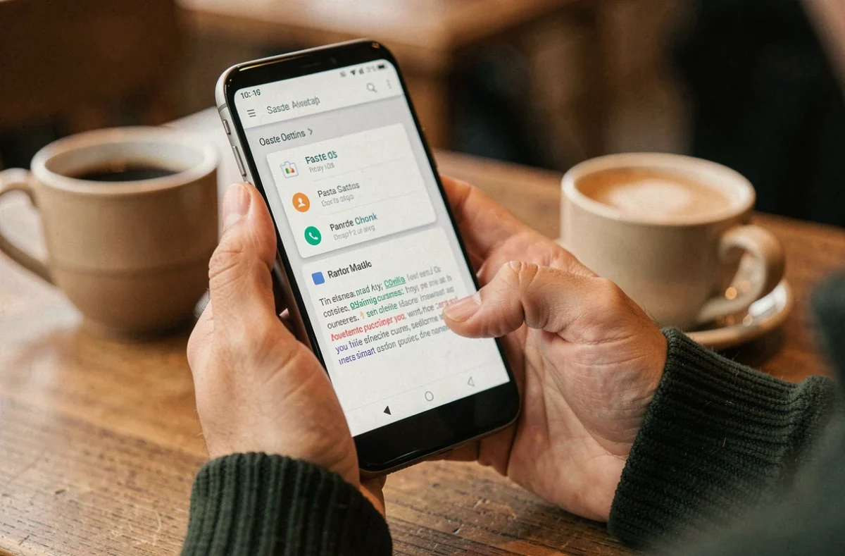 Gros plan sur un smartphone Android affichant le menu presse-papier avec option coller
