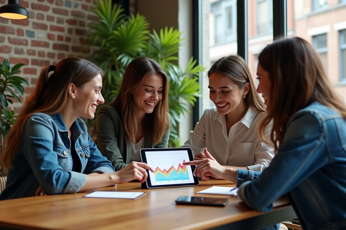 Groupe de quatre personnes discutant marketing dans un café moderne