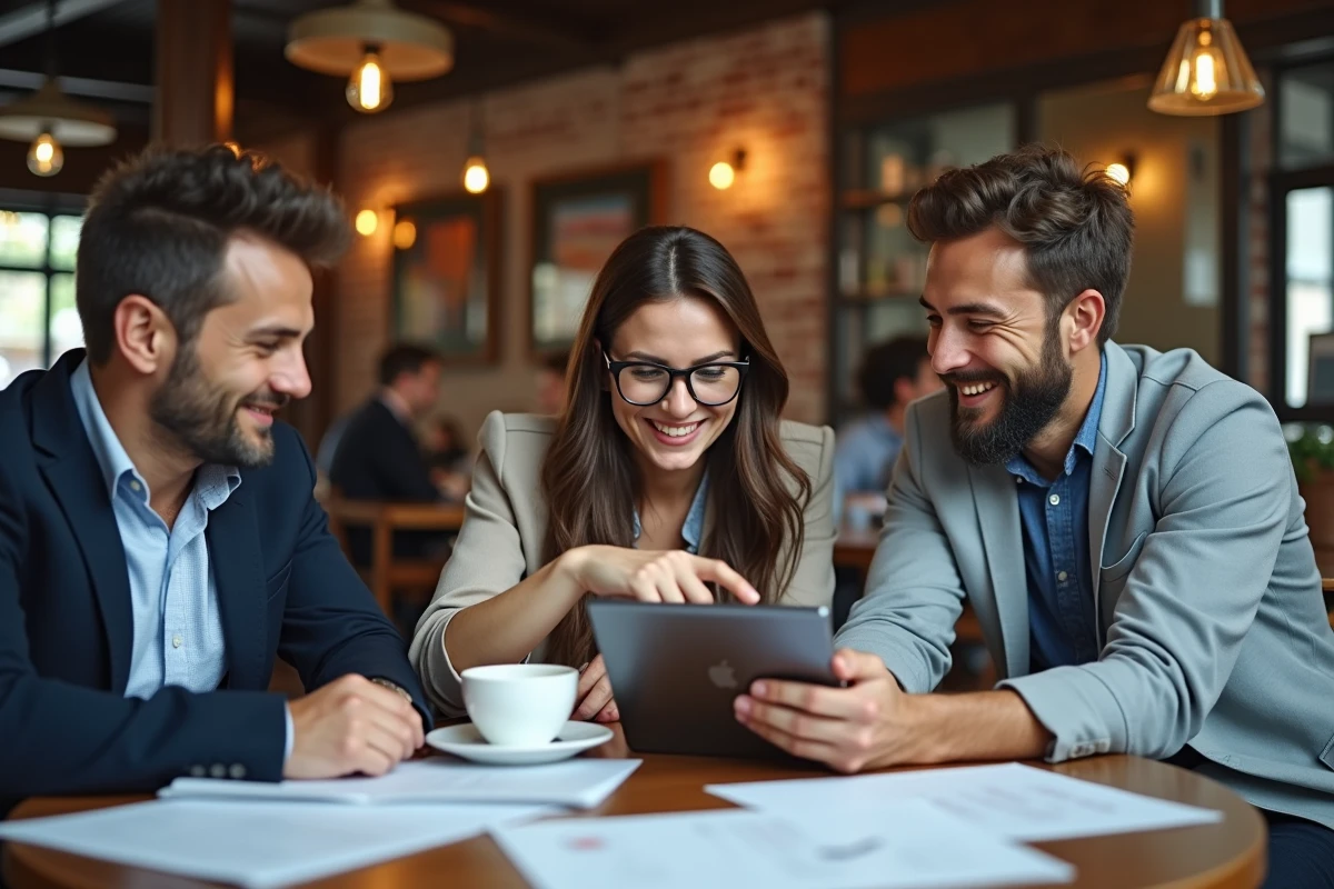 Trois jeunes professionnels collaborant dans un café convivial