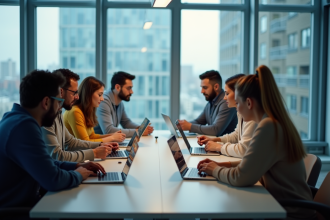 Groupe diversifié en réunion de travail moderne