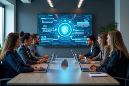 Groupe d'employes en formation cybersécurité en réunion