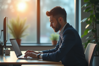 Homme d'affaires au bureau avec alerte phishing sur son écran