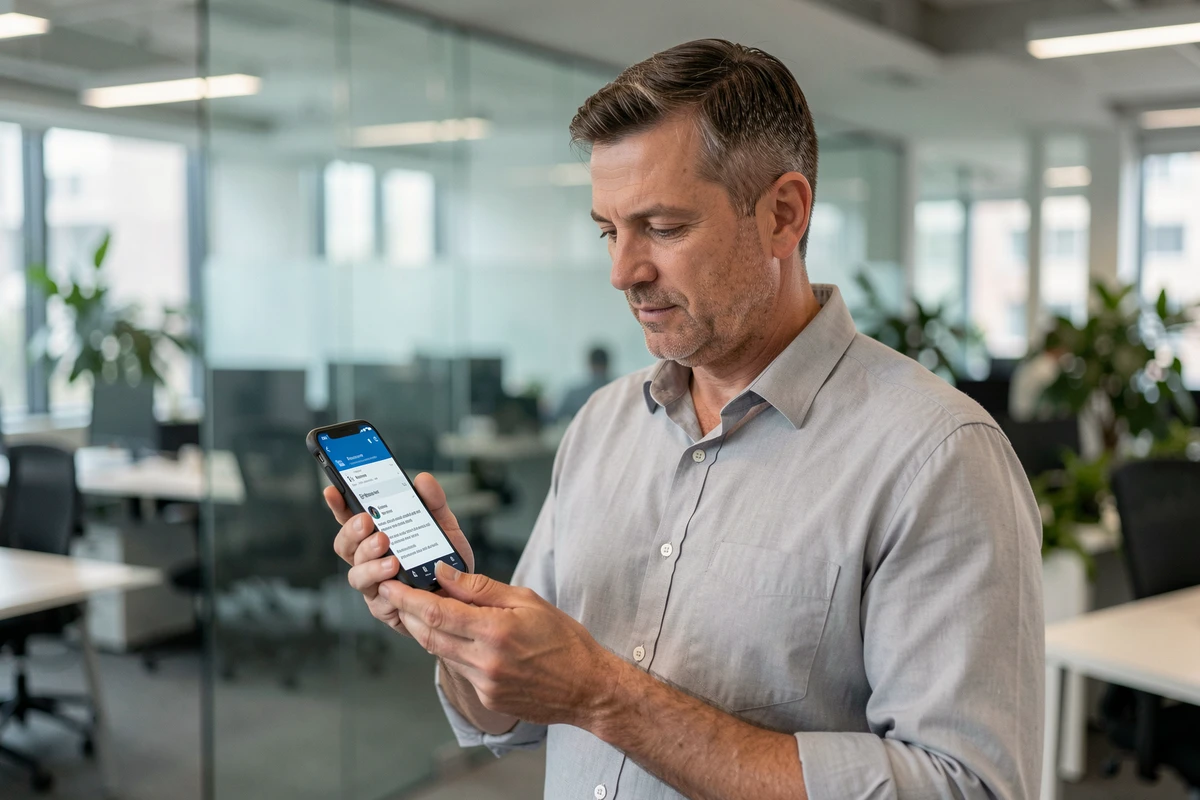 Homme d'affaires consultant ses emails sur smartphone dans un bureau professionnel, représentant l'accès mobile à un service de messagerie sécurisé comme NetCourrier