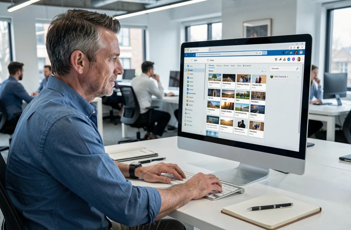 Homme utilisant une barre de favoris organisée sur un grand écran dans un bureau moderne