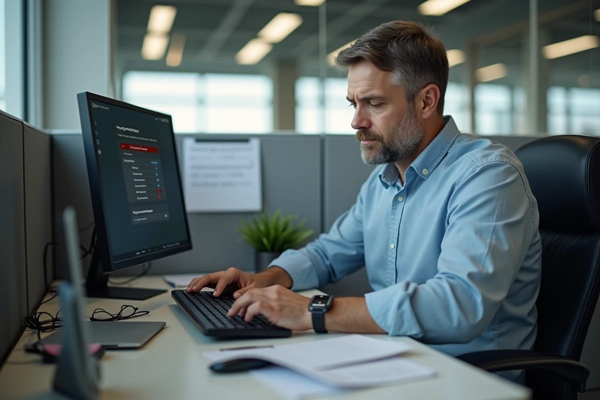 Homme au bureau examinant un clavier avec accents espagnols