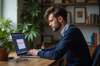 Jeune homme concentré face à un ordinateur avec erreur uqload