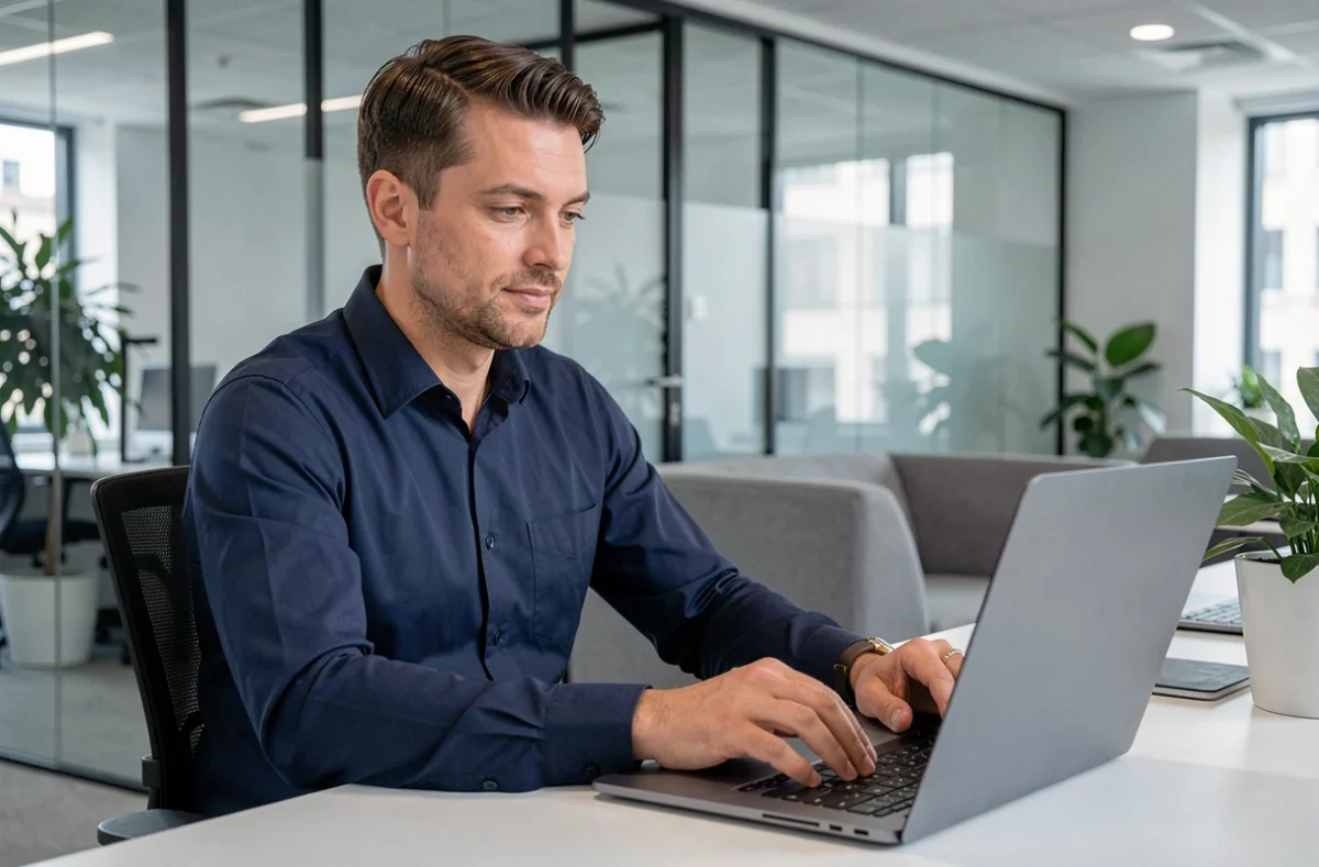 Homme au bureau consultant le presse-papier de son téléphone Android au travail