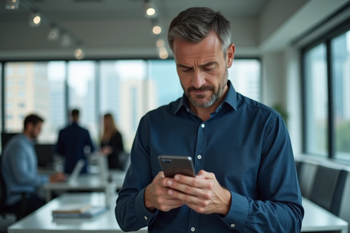 Homme d'affaires consultant son smartphone pour récupérer un accès à un compte numérique