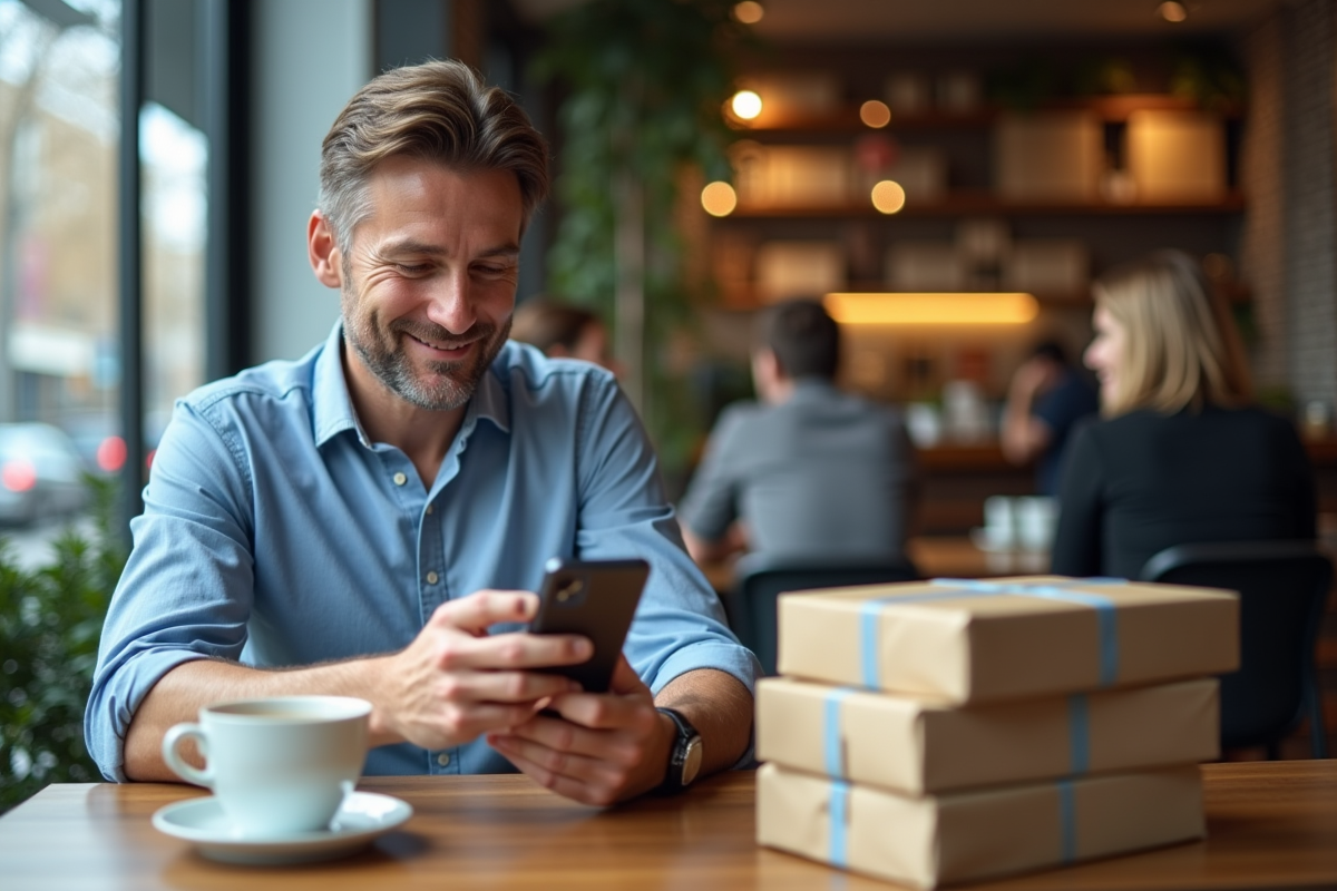 Homme au café en train de faire ses courses en ligne