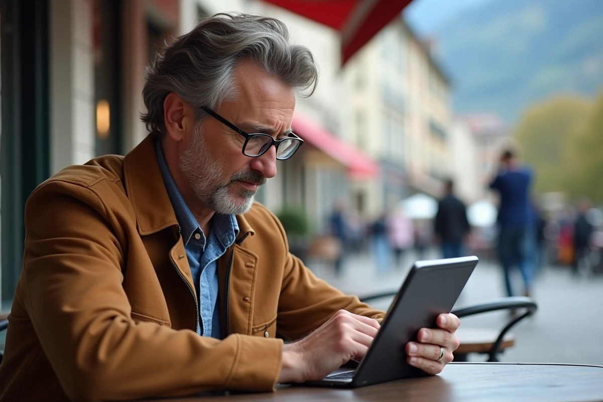 Homme en décontracte au café à Grenoble en train d’écrire un email