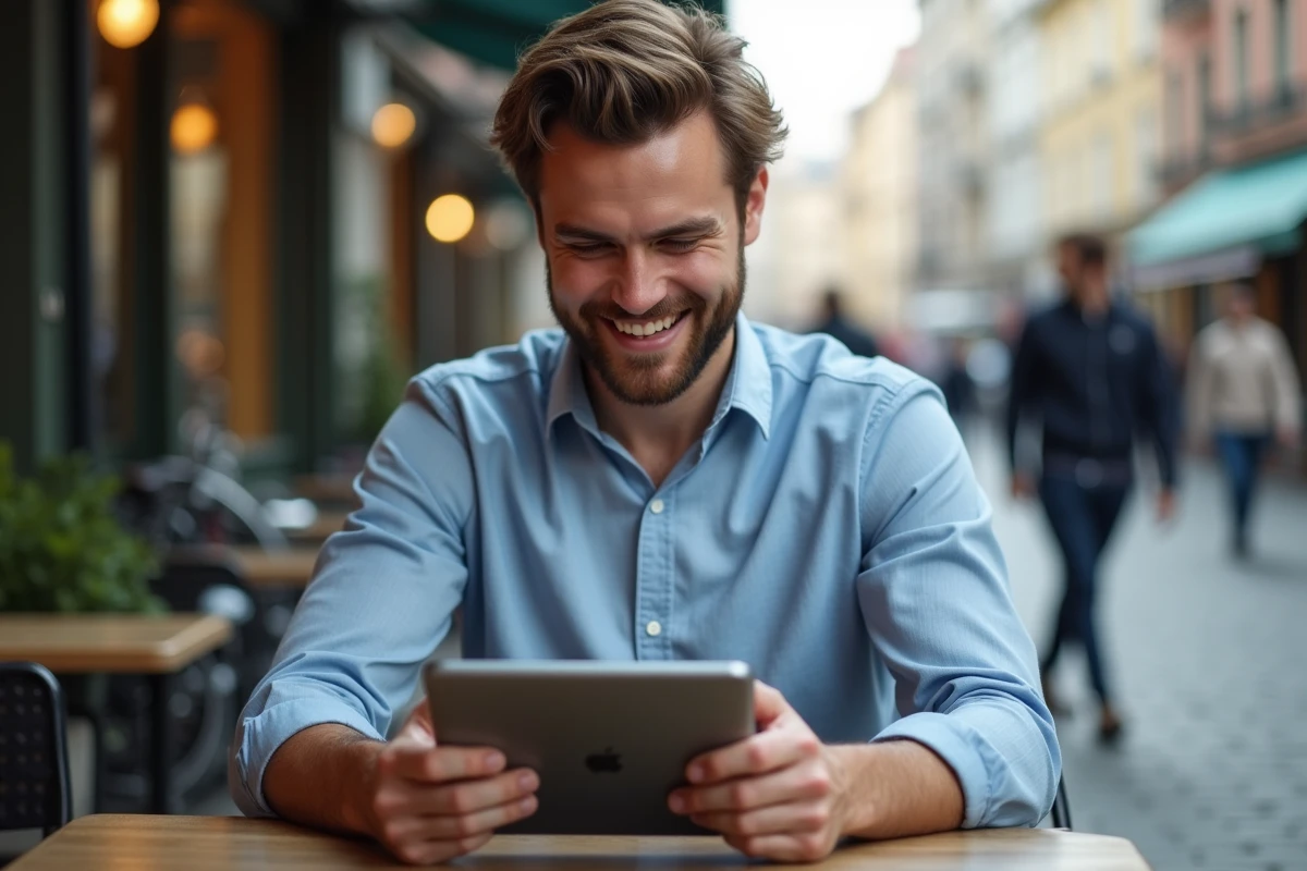 Homme utilisant une tablette dans un café en ville