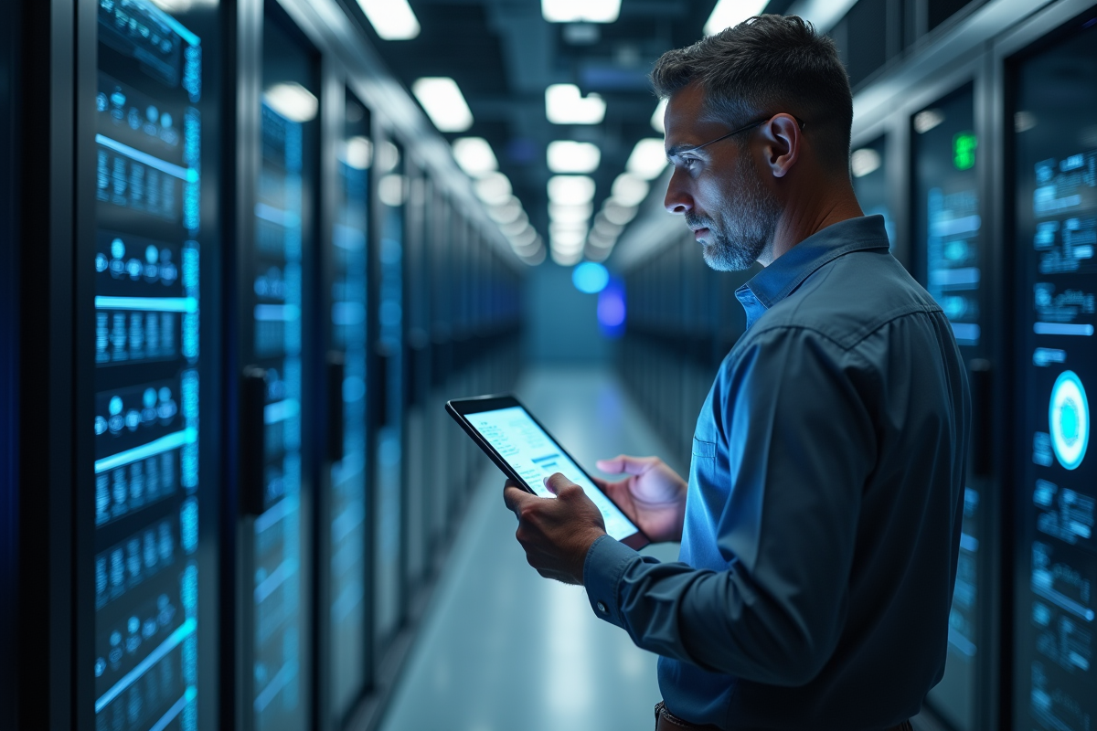 Homme en centre de données examinant des diagrammes cloud