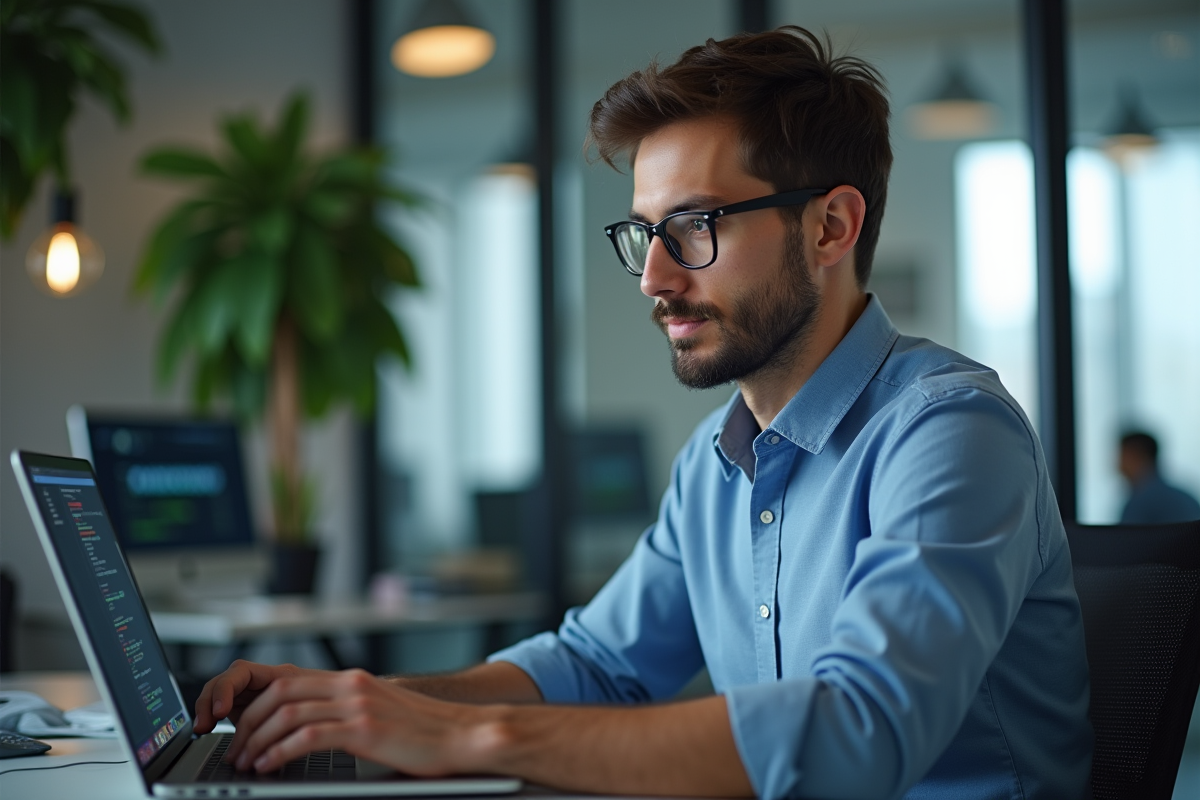 Homme en bureau regardant du code sur son ordinateur