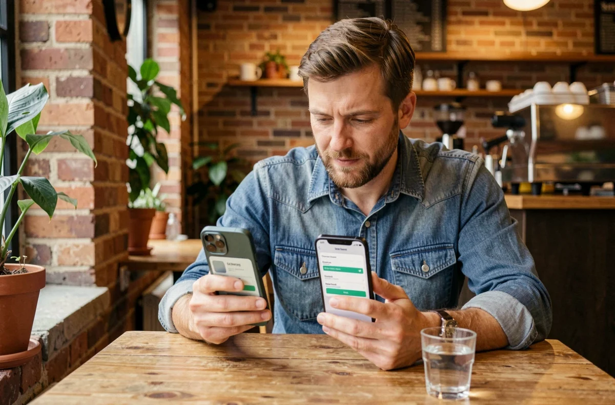 Homme comparant deux iPhone 14 avec différentes capacités de stockage dans un café