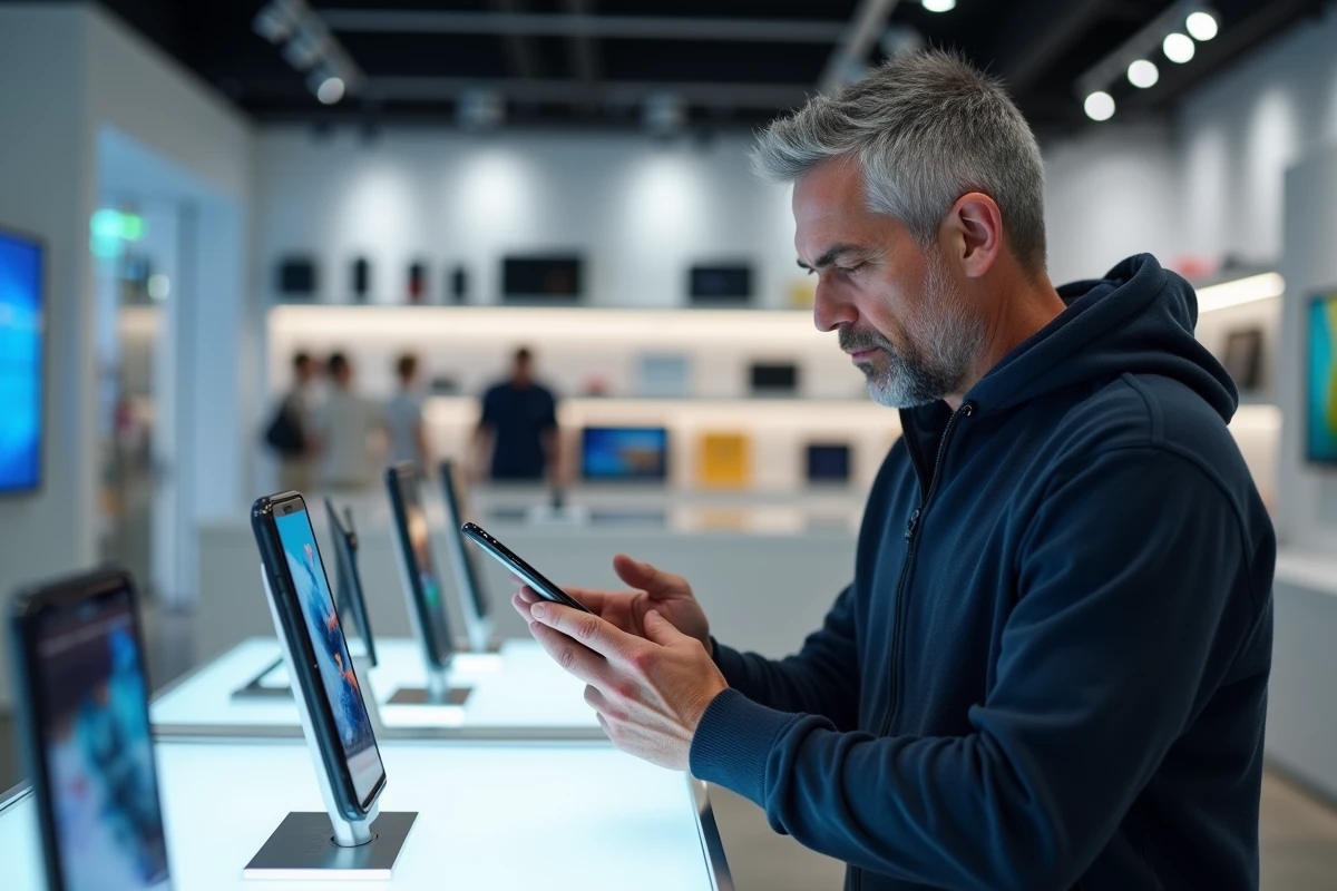 Homme comparant le Samsung Galaxy A55 dans un magasin de téléphonie