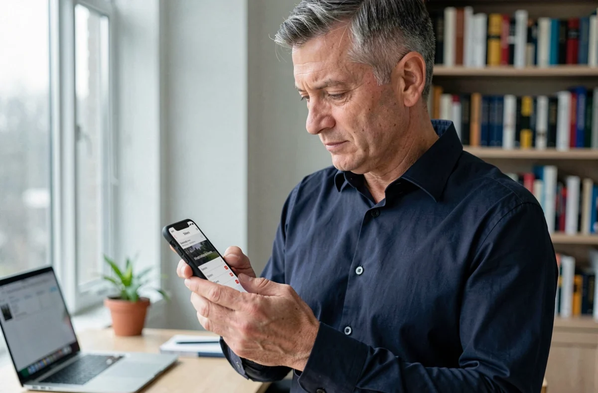 Homme consultant son compte Réglo Mobile sur smartphone pour recharger son forfait en ligne en toute sécurité