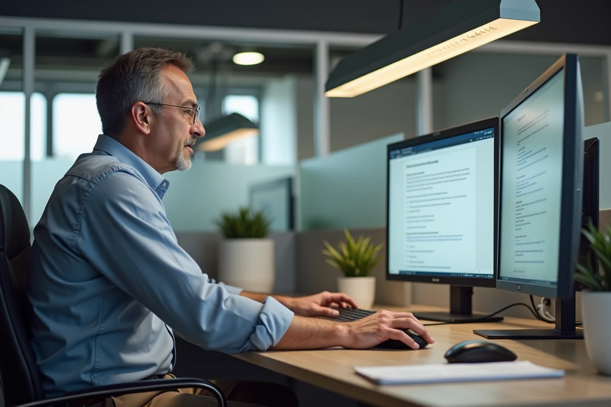 Homme configurant un compte email dans un bureau moderne