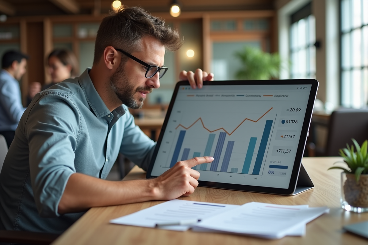Homme en coworking avec tablette et graphiques