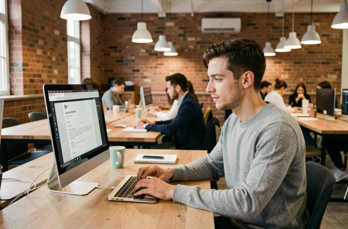 Jeune homme consultant un modèle de CV dans un navigateur web depuis un espace de coworking moderne