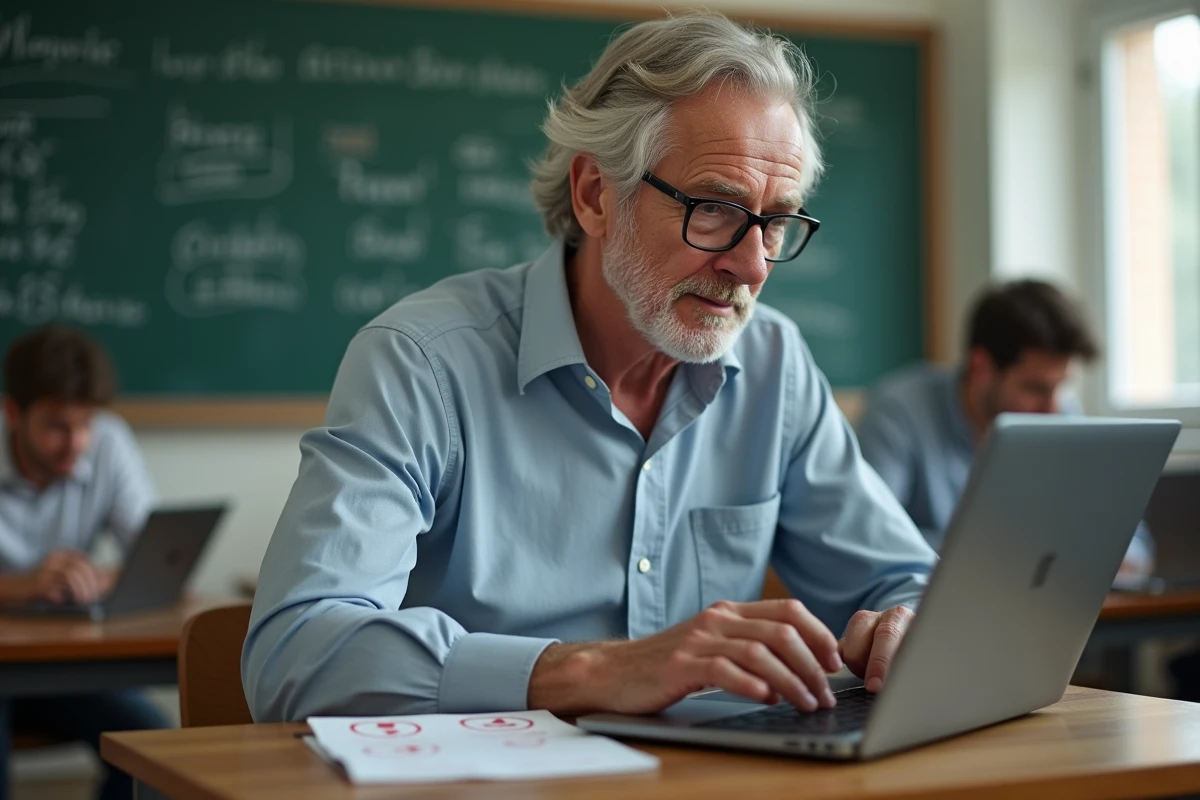 Homme plus âgé montrant des raccourcis clavier en classe