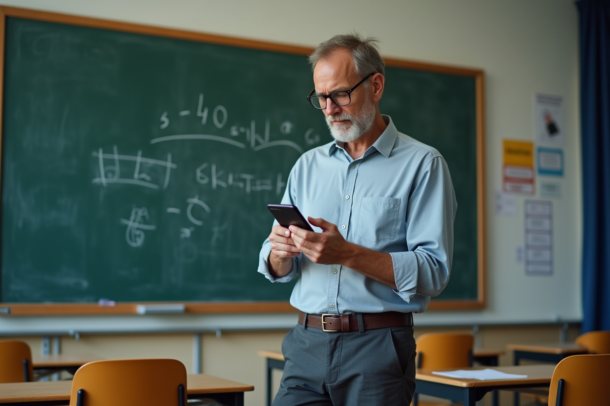 Enseignant vérifiant ses notes sur un tableau en classe