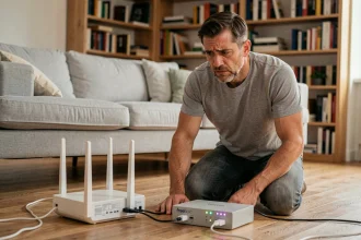 Homme frustré accroupi devant une Freebox bloquée lors de l'installation avec des câbles partiellement connectés
