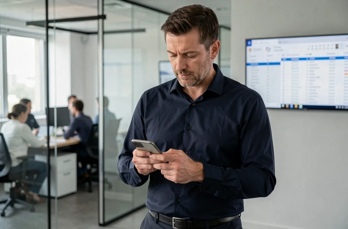 Homme professionnel gérant les paramètres de confidentialité Google Mon Activité sur smartphone en entreprise