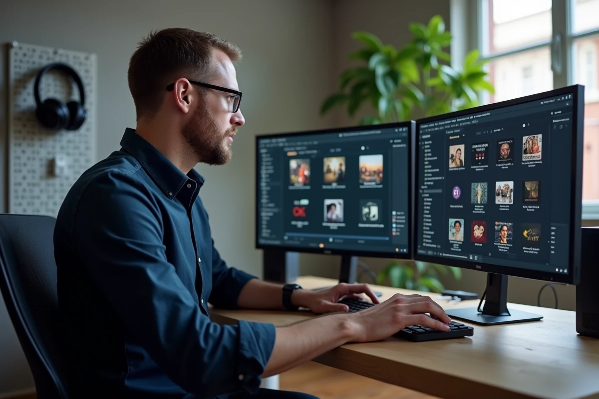 Homme gérant des métadonnées MP3 automatiques avec titres et tags sur une application de bureau dans un home studio moderne