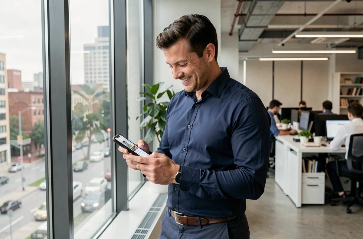 Homme souriant en train d'envoyer un GIF par SMS dans un bureau moderne