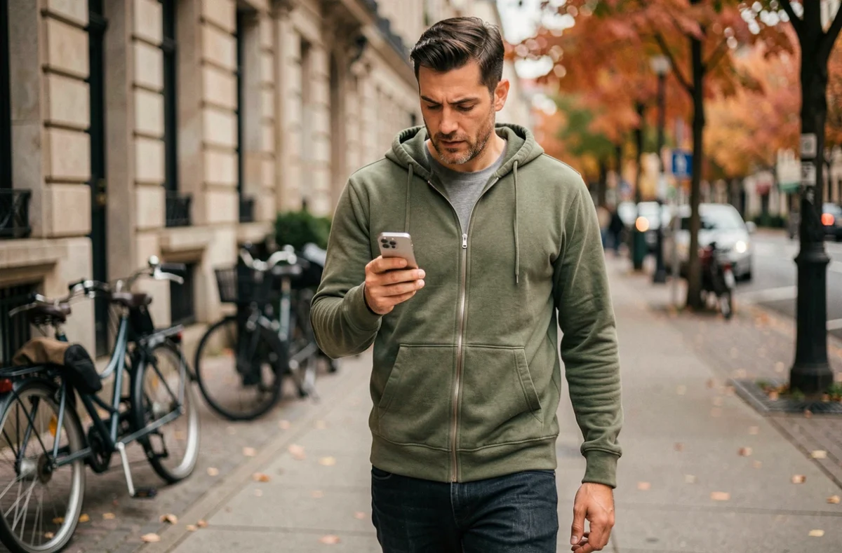 Homme utilisant un iPhone 13 mini en marchant dans une rue urbaine en automne