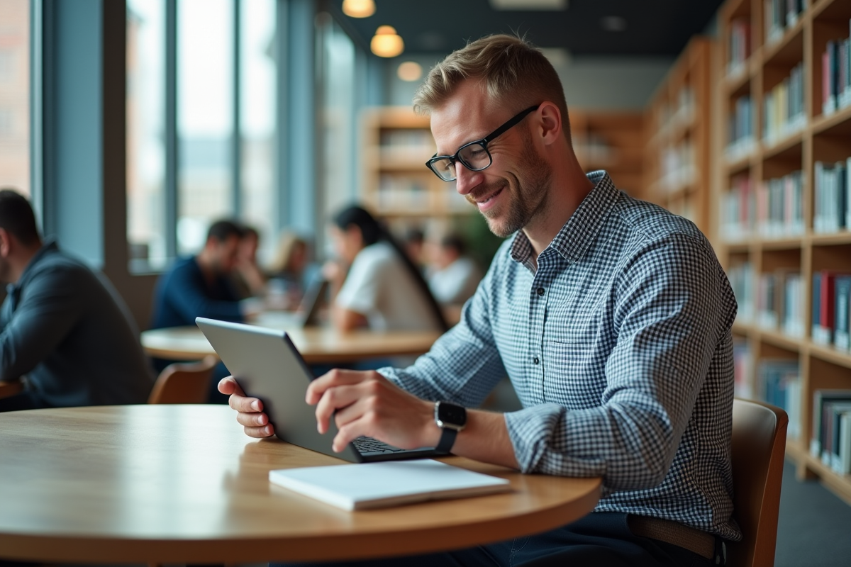 Homme étudiant dans une bibliothèque moderne et lumineuse