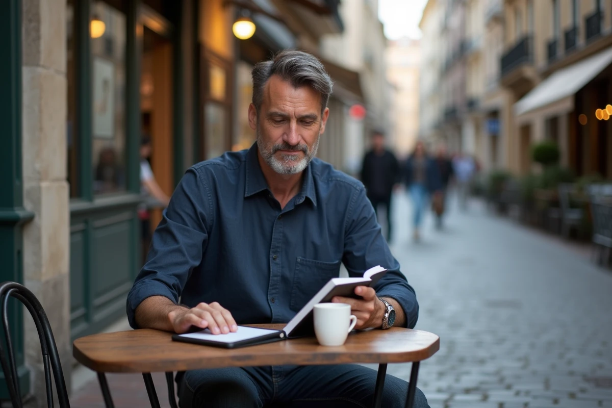 Homme lisant sur une liseuse Kindle Paperwhite en terrasse de café, avec un expresso sur une table en bois