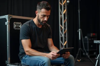 Homme concentré utilisant une tablette pour mixer en backstage
