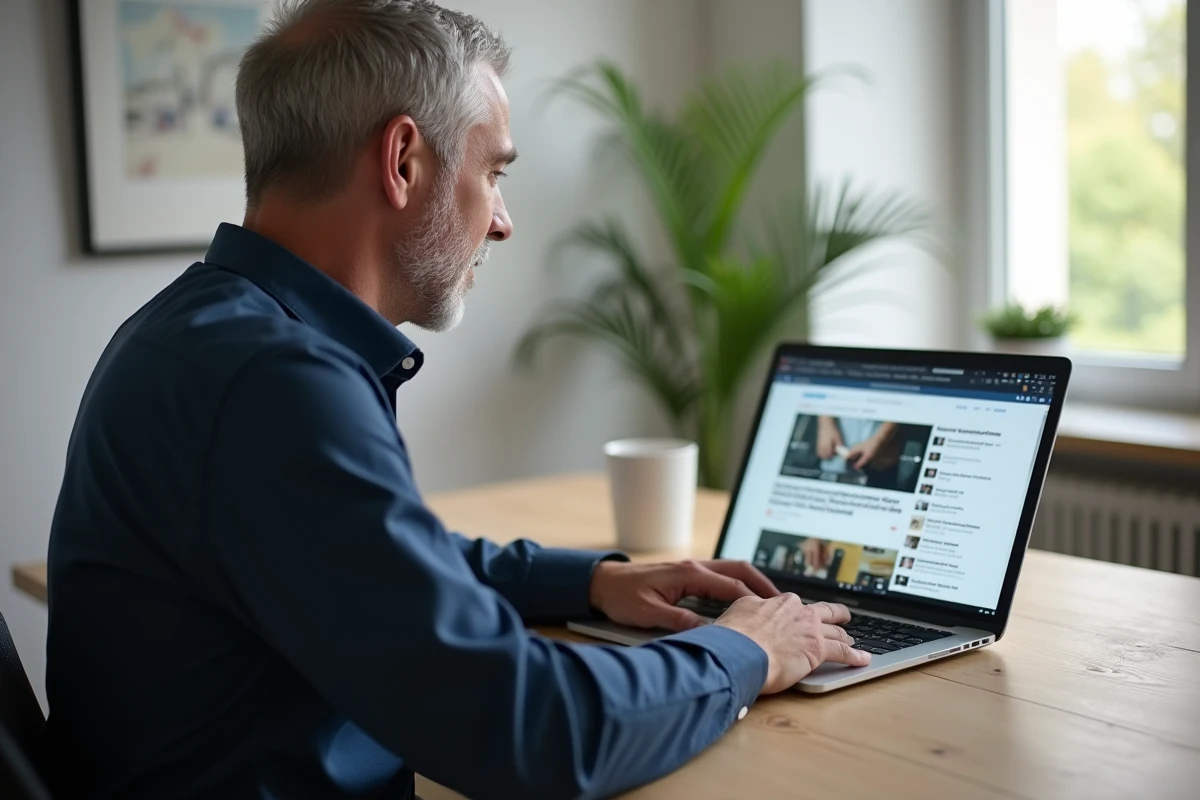 Homme en train de découvrir un site Apple et iPhone sur son MacBook dans un bureau à domicile