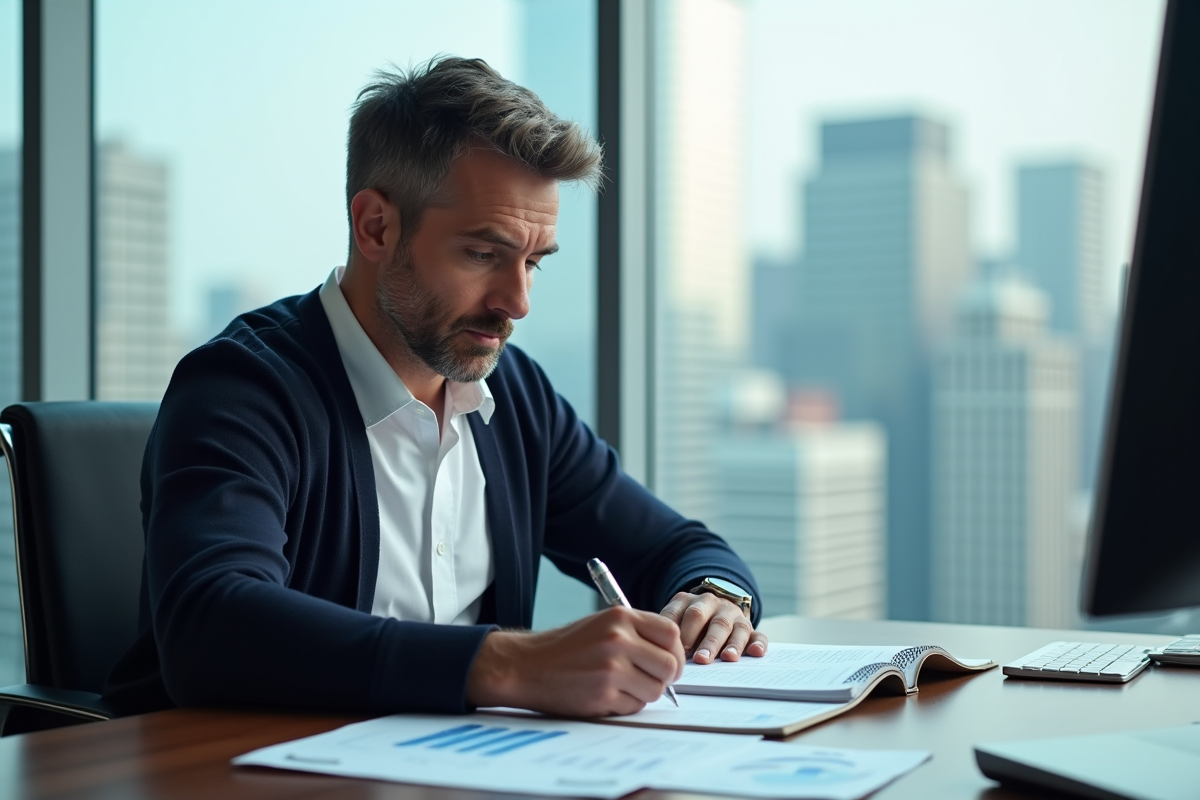 Homme prenant des notes en regardant un graphique Excel