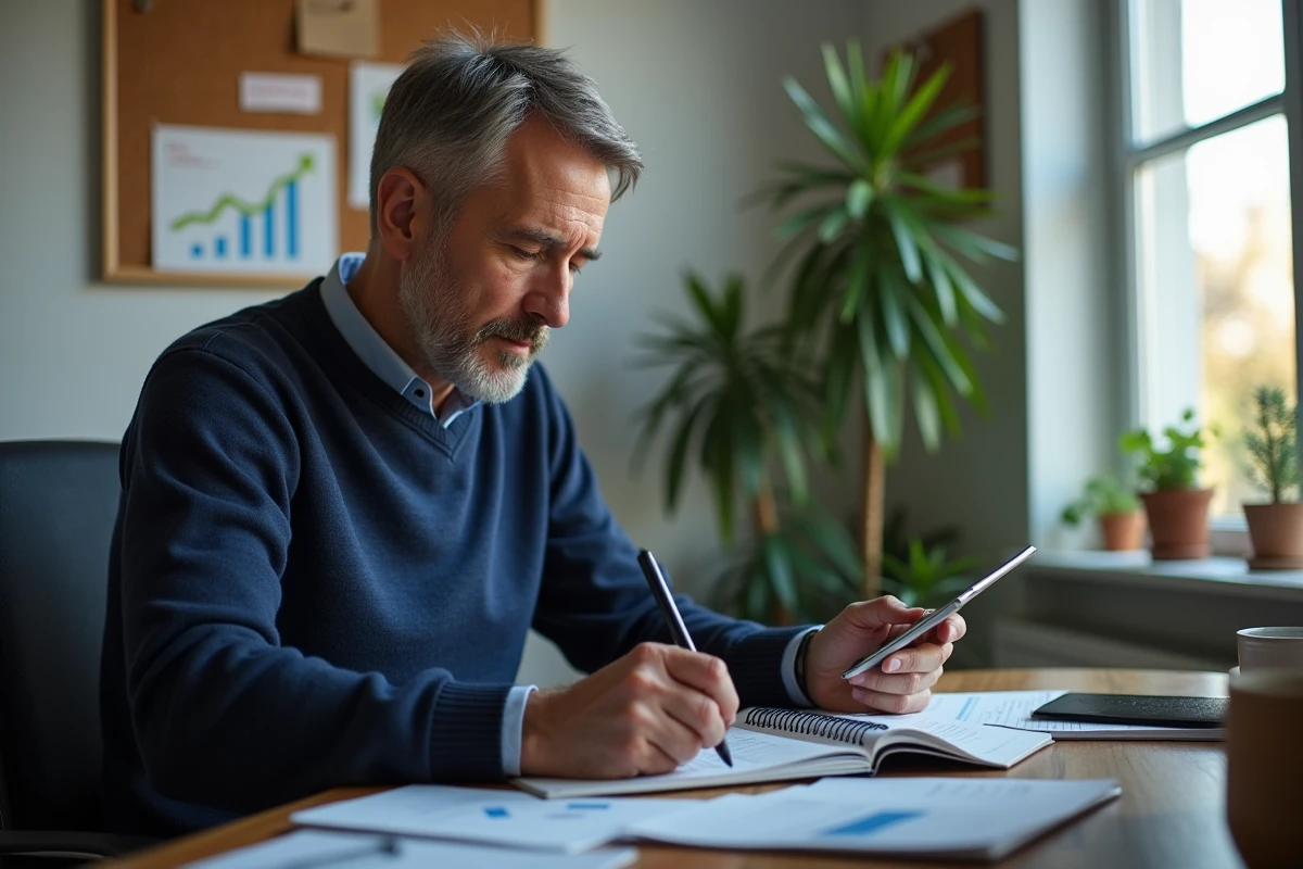 Homme prenant des notes en examinant des graphiques sur une tablette