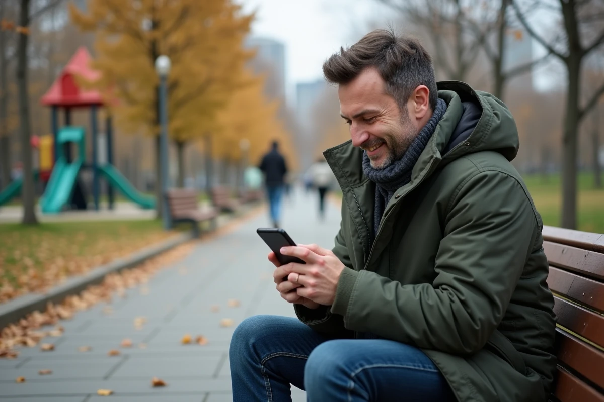 Homme dans un parc regardant son smartphone en streaming