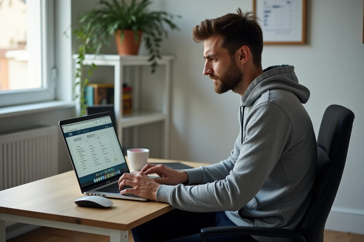 Homme concentré devant son ordinateur portable consultant un portail administratif depuis son domicile