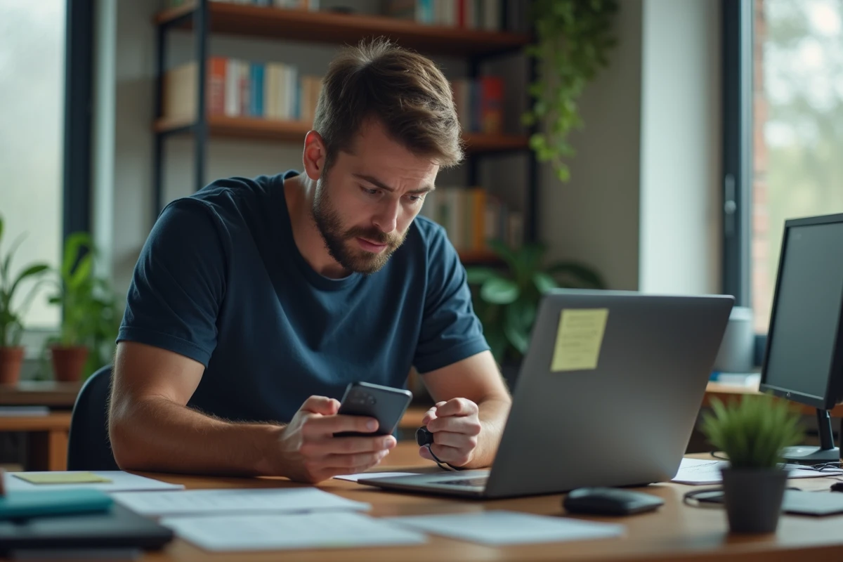 Homme connectant son smartphone à un ordinateur portable pour tenter de récupérer des messages effacés