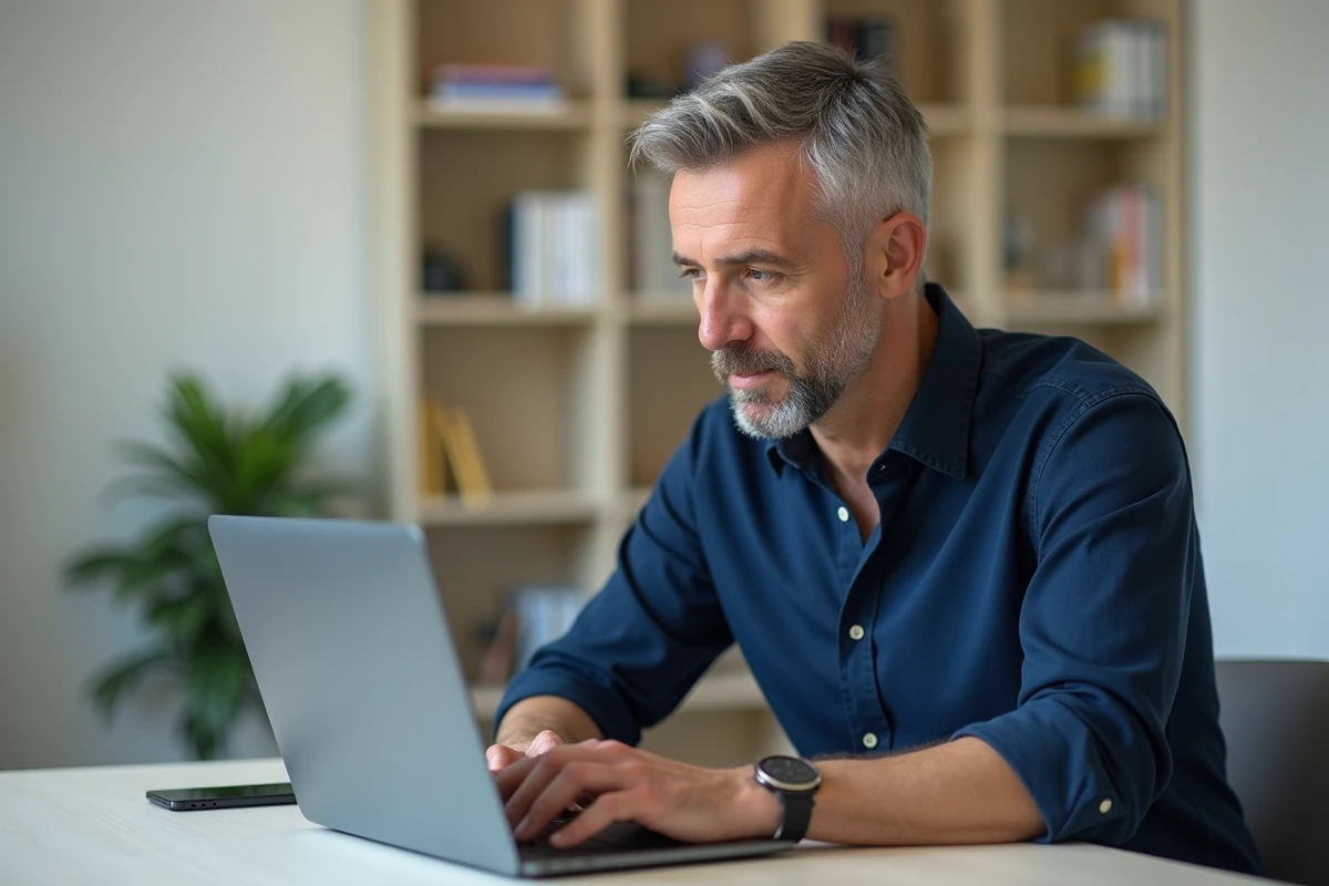 Homme utilisant un iPhone et un MacBook pour récupérer des photos supprimées dans un bureau à domicile