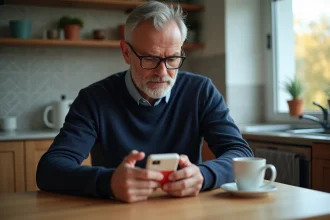 Homme vérifiant la batterie d'un téléphone vintage dans la cuisine