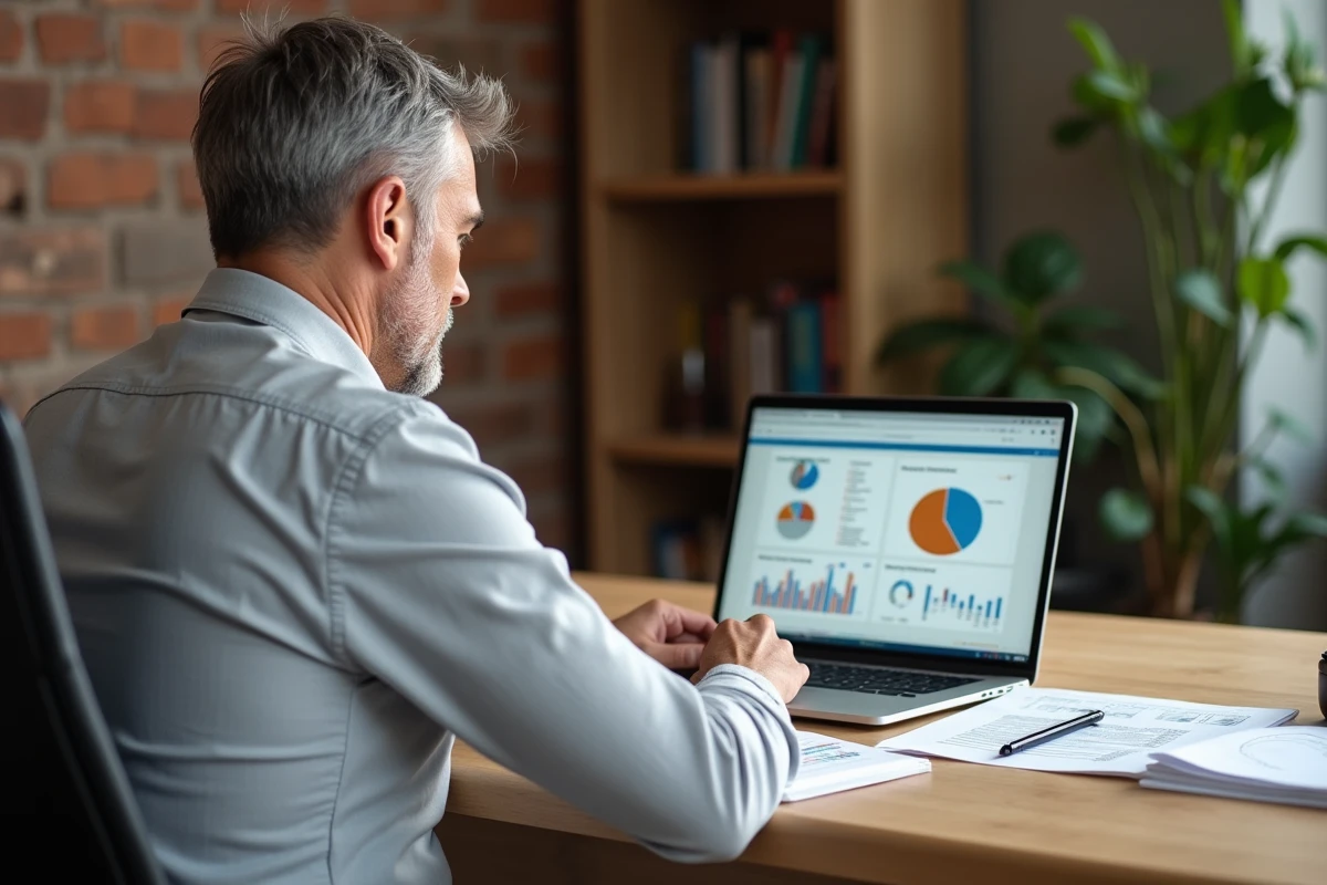 Homme en télétravail analysant un camembert Excel sur ordinateur portable avec des données bien organisées dans un bureau à domicile