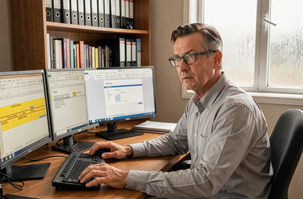 Homme en télétravail devant deux écrans affichant un tableau Excel avec doublons surlignés et un publipostage Word avec erreurs de champs