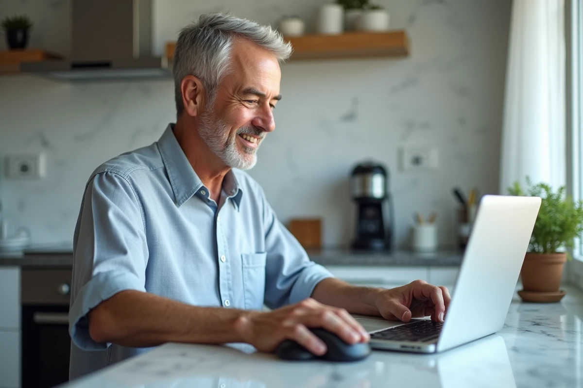 Homme âgé utilisant une souris sans fil dans une cuisine contemporaine