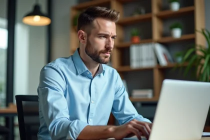 Homme concentré travaillant sur son ordinateur dans un bureau moderne