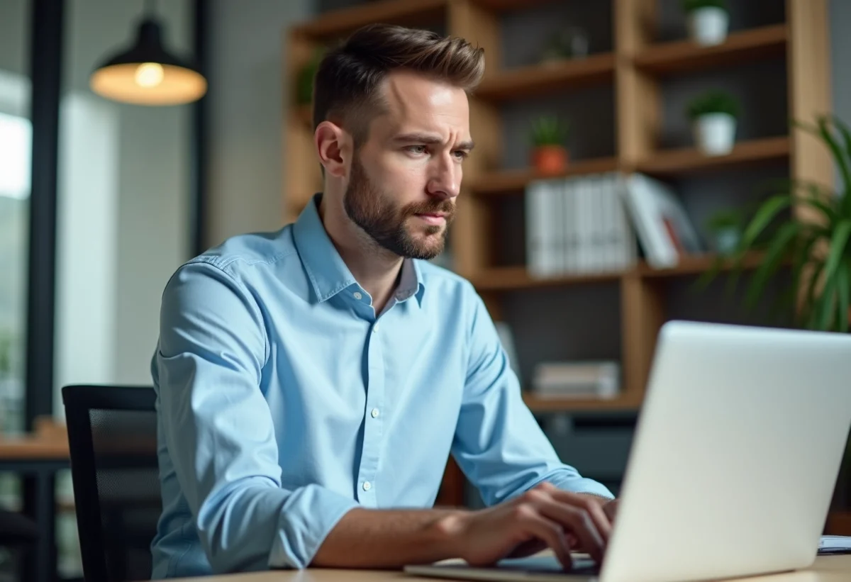 Homme concentré travaillant sur son ordinateur dans un bureau moderne