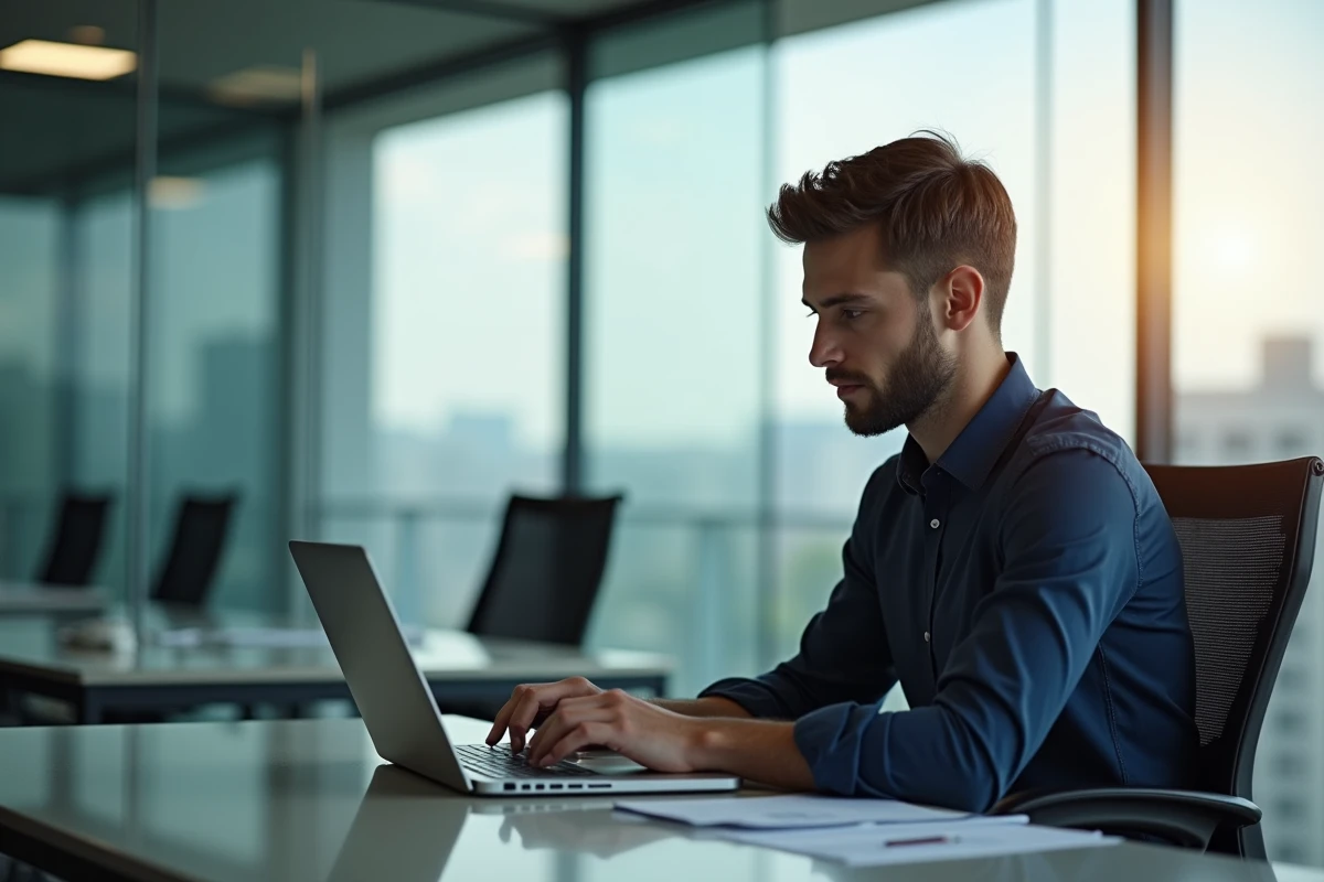 Jeune homme en chemise bleue configure un réseau au bureau