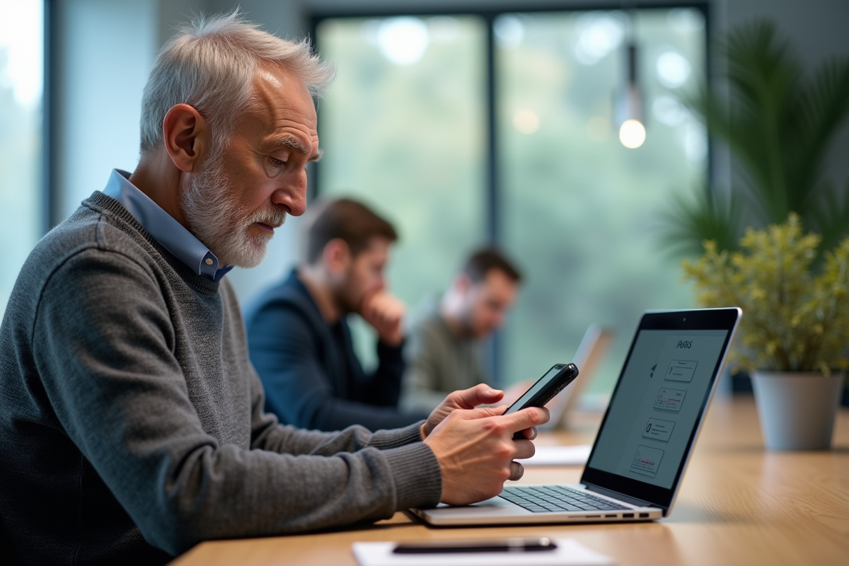 Homme d age utilisant smartphone pour proteger un PDF