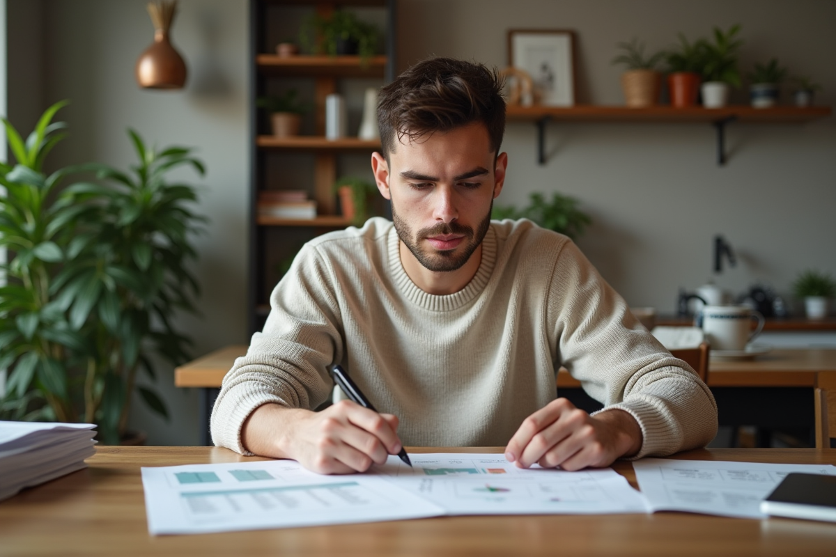 Homme travaillant à la maison avec feuilles Excel et notes