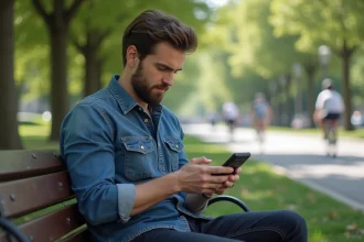 Homme en denim utilisant un téléphone portable en parc urbain